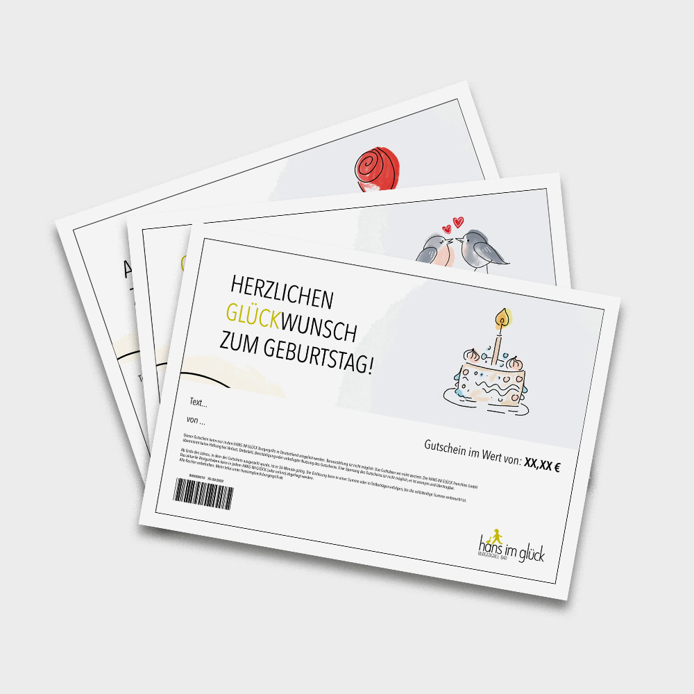 Digitale Gutscheine von Hans im Glück mit Geburtstagstext und Illustration, ideal als Geschenk zum Ausdrucken.